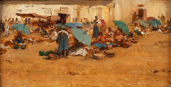 Hungarian market with blue umbrellas, 1874. Creator: August von Pettenkofen.