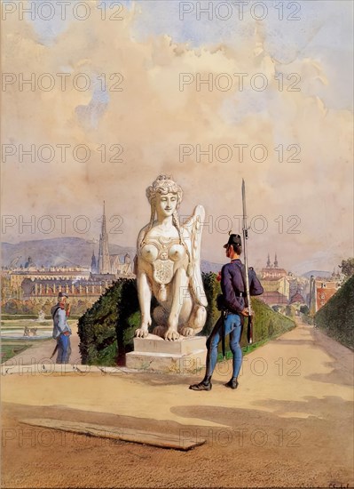 Kurzweil on guard duty in the garden of Belvedere Palace in Vienna, 1867/1880. Creator: Carl Goebel.