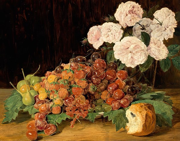 Still life with roses, strawberries and bread, 1827. Creator: Ferdinand Georg Waldmuller.