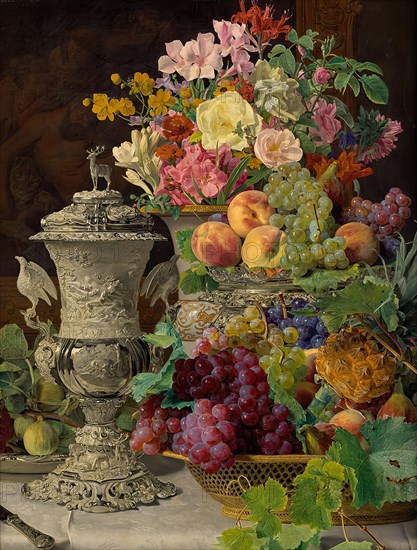 Still life with fruits, flowers and a silver cup, 1839. Creator: Ferdinand Georg Waldmuller.