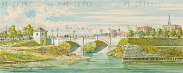 The Radetzky Bridge over the Vienna River with its outlet into the Danube, undated. Creator: Franz Gerasch.