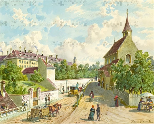 Währinger Straße in Vienna with the “Zum Blauen Herrgott” supply house and the “Krawoten..., undated Creator: Franz Gerasch.