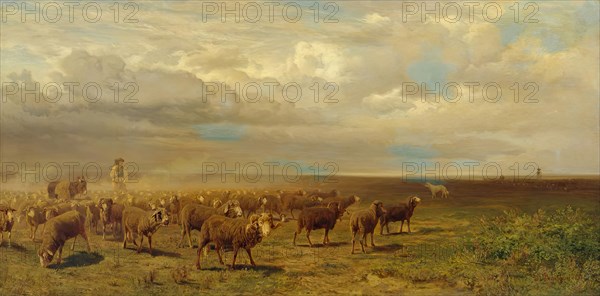Flock of sheep in the Puszta, 1872. Creator: Gustav Ranzoni.