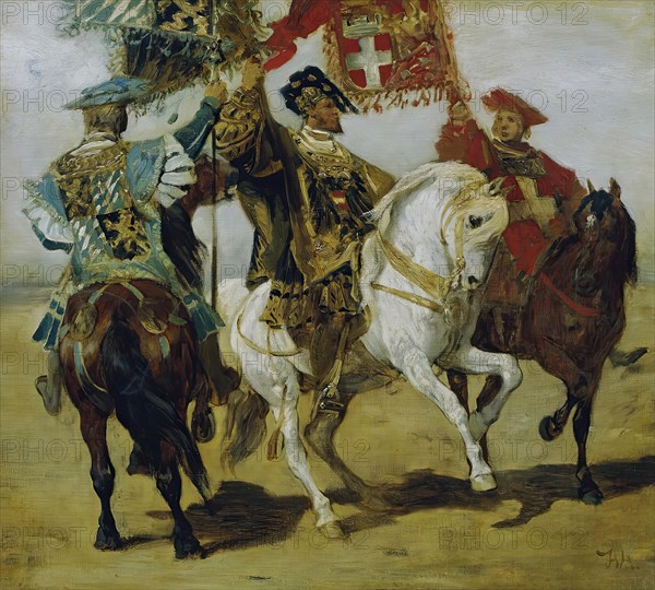 Three mounted standard bearers, 1879. Creator: Hans Makart.