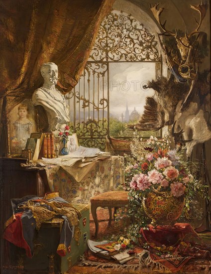 Still life with bust of Crown Prince Rudolf, 1890. Creator: Hugo Charlemont.