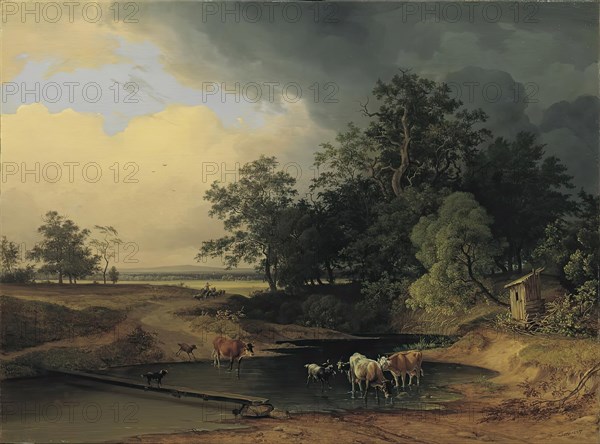 Meadow landscape in the evening atmosphere, 1847. Creator: Josef Feid.