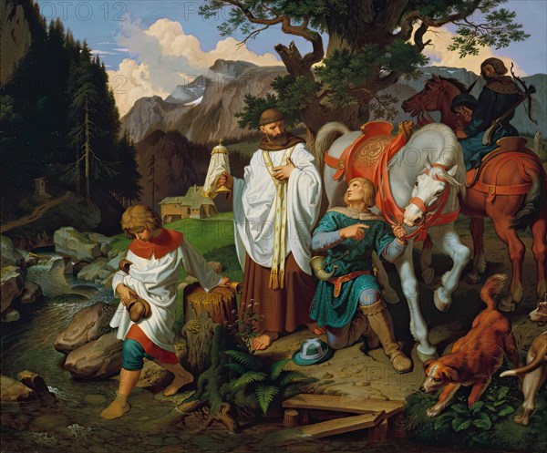 Rudolf von Habsburg and the priest, 1870. Creator: Joseph von Fuhrich.