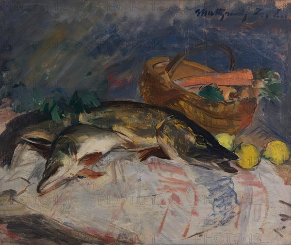 Still life with fish, 1921. Creator: Zsolnay László Mattyasovszky.