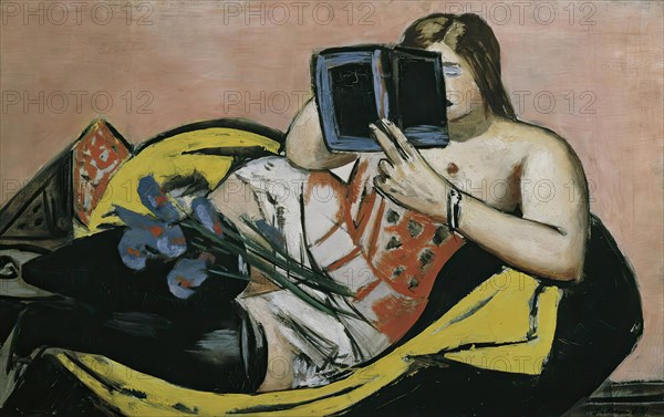 Lying woman with book and irises, 1931. Creator: Max Beckmann.