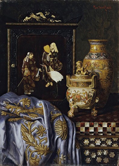 Still life with Japanese art objects, 1888. Creator: Max Schodl.