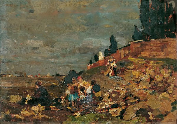Children at the cemetery wall, 1888. Creator: Tina Blau.