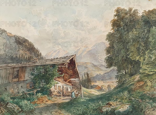Alpine landscape with farmhouse and woman at the well, around 1860. Creator: Franz Barbarini.