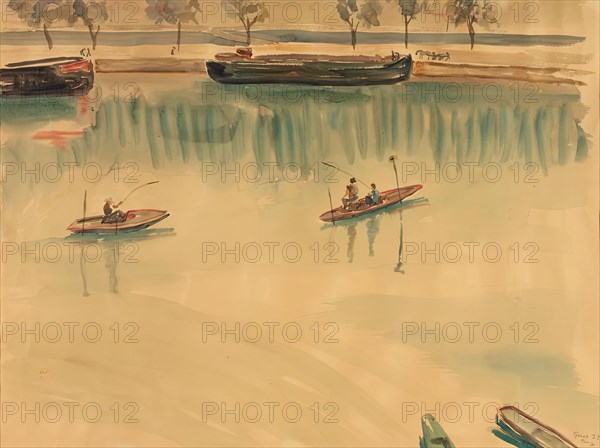 Ships on the Seine near Paris, 1939. Creator: Franz Blum.