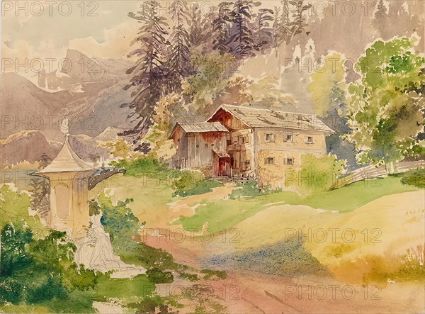 Alpine landscape with farmhouse and woman in front of Marterl, undated. (c1810s). Creator: Franz Steinfeld.