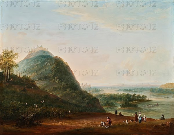 Wine harvest in front of Vienna with a view of Klosterneuburg, the Leopoldsberg, Bisamberg..., 1779. Creator: Josef Heideloff.