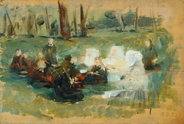 Group of children with three nuns dressed in white and a priest on a forest meadow in the sun, 1893. Creator: Otto Friedrich.
