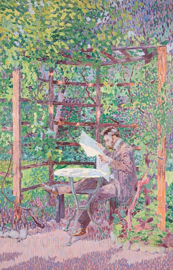 Man reading in an arbor, 1905. Creator: Rudolf Junk.