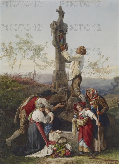 Peasants Decorating Wayside Shrine, 1864. Creator: Gustave Brion.