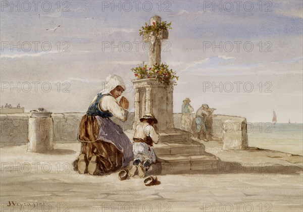 Woman and Child Kneeling Before a Cross, c1865. Creator: Jules Jacques Veyrassat.