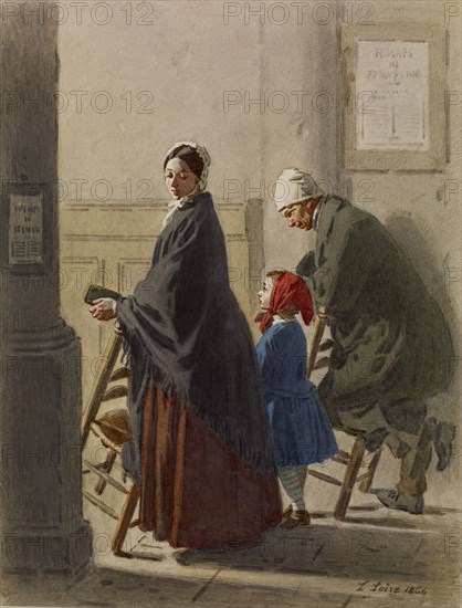 Man, Woman, and Girl at Prayer in Church, 1864. Creator: Leon Henri Antoine Loire.