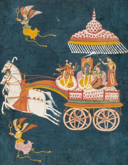 Krishna and Rukmini as Groom and Bride in a Celestial Chariot Driven by Ganesha, c1675-1700. Creator: Anon.