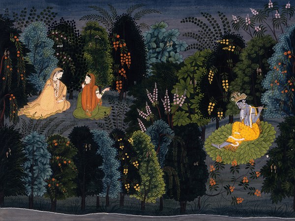 Companion Persuading Radha as Krishna Flutes, Folio from the "Lambagraon"..., c1825. Creator: Anon.