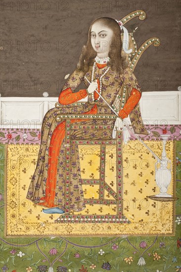 European Woman Seated on a Terrace Smoking a Venetian Style Water Pipe..., between c1760 and c1775. Creator: Follower of Mir Kalan Khan.