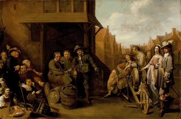 A Street Scene with Knife Grinder and Elegant Couple, c1655. Creator: Jacob Duck.