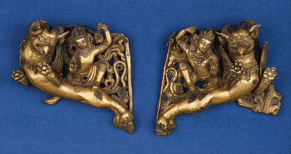 Celestial Rider on Griffin, From a Throne Back (pair), c.1400. Creator: Unknown.