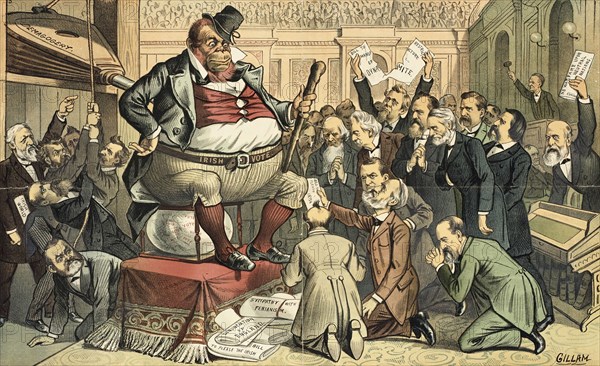 Der "Bugaboo" im Congress. Cartoon from Puck, 1885. Creator: Bernhard Gillam.