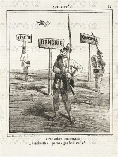 La première Hirondelle! Sentinelles! Prenez garde à vous!, 1864. Creator: Cham.