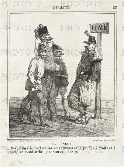 Un gêneur: Mes amours, ici se termine votre promenade, pas file à droite et a gauche en..., 1864. Creator: Cham.