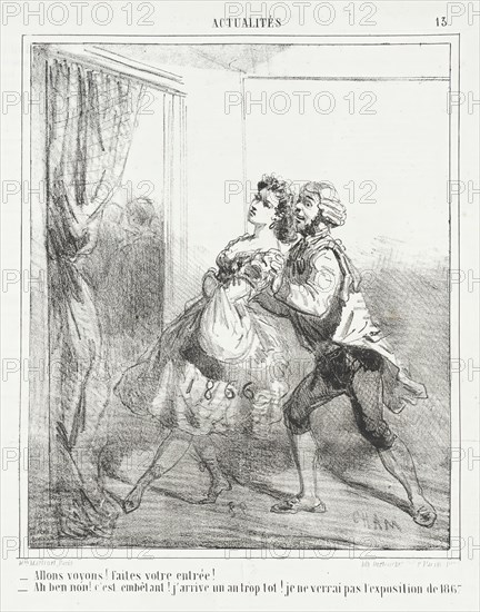 Allons voyons! Faites votre entrée. Ah ben non! -C'est embêtant. J'arrive un an trop tot!..., 1866. Creator: Cham.