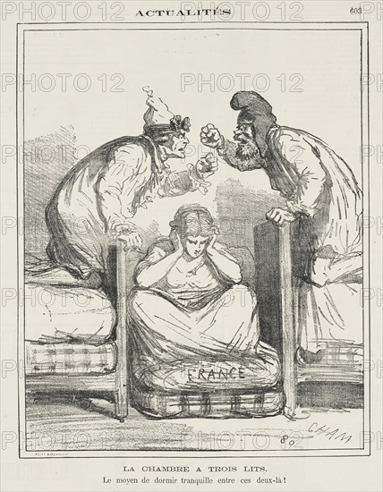 Le chambre à trois lits -Le moyen de dormir tranquille entre ces deux-là!, 1871. Creator: Cham.