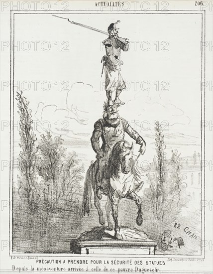 Précaution a prendre pour la sécurité des statues depuis la mésadventure arrivée à..., 1867. Creator: Cham.