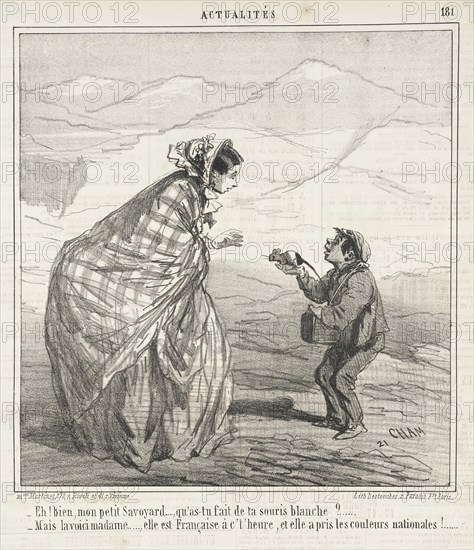 Eh! bien, mon petit Savoyard, qu'as tu fait de ta sourie blanche?...-Mais la voici Madame..., 1860. Creator: Cham.