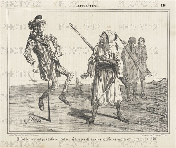 Mr. Cobden n'ayant pas entièrement reussi dans ses démarches pacifiques auprès des pirates..., 1856. Creator: Cham.