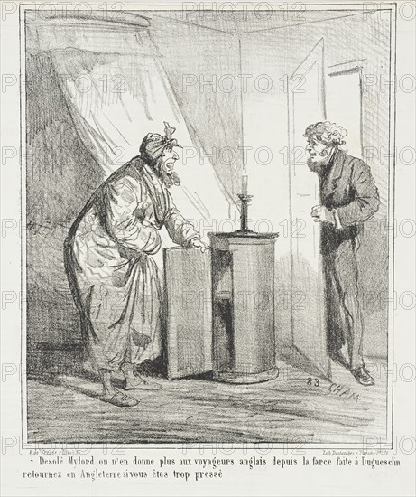 Desolé Mylord on n'en donne plus aux voyagers anglais depuis la farce faite à Duguesclin..., 1867. Creator: Cham.