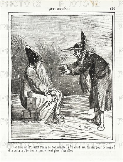 C'est donc un Prussien aussi ce bonhomme là? Il (Hiver) vient soi disant pour 3 mois! Et..., 1865. Creator: Cham.