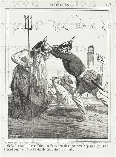 Voulant à toute force faire un Prussien de ce pauvre Neptune qui s'en défend comme un..., 1865. Creator: Cham.