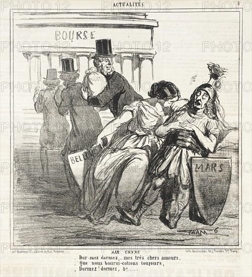 Air Connu. Dormez, dormez...mes très chèrs amours, que nous boursicotions toujours..., 1859. Creator: Cham.