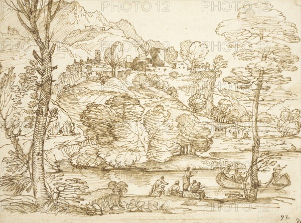 Landscape with River and Figures, between 1600 and 1699. Creator: Giovanni Francesco Grimaldi.