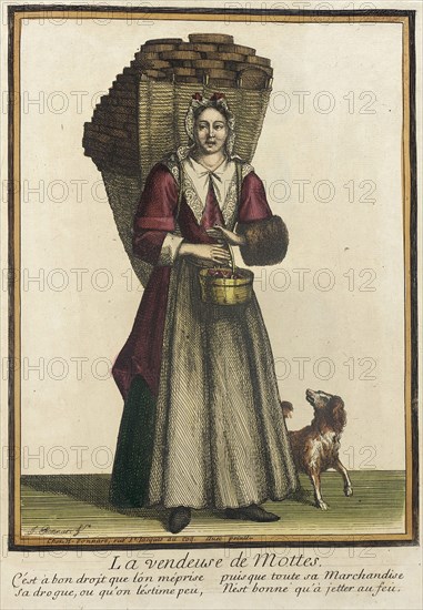 Recueil des modes de la cour de France, 'La Vendeuse de Mottes', after 1685. Creators: Jean-Baptiste Bonnart, Henri Bonnart.