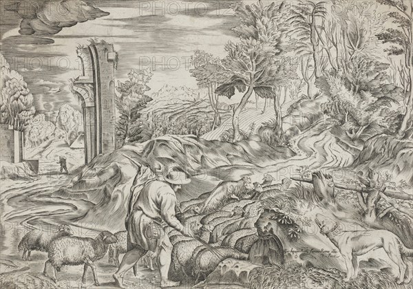 Landscape with Flock of Sheep and a Dog, 1560s - 1570s. Creator: Martino Rota.