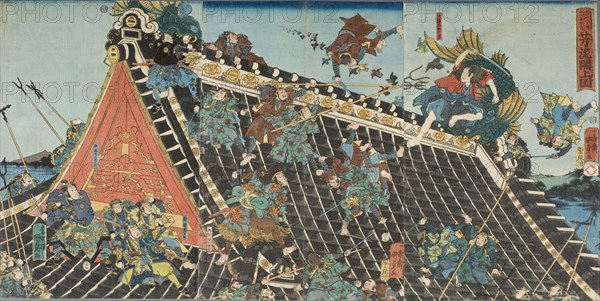 Battle on roof of Horyukaku, from the Play Tale of the Eight Dogs (Hakkenden), 1854. Creator: Utagawa Kunisada II.