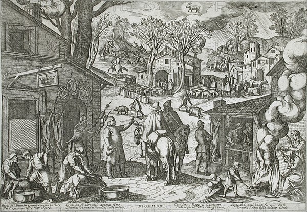 December: Village Scene with Inn, published 1599. Creator: Antonio Tempesta.