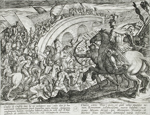 Civilis' Troops Crossing the Maas River, published 1612. Creator: Antonio Tempesta.