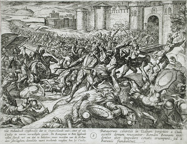 Dutch Soldiers Return from Germany to Aid Civilis Defeat the Romans, published 1612. Creator: Antonio Tempesta.