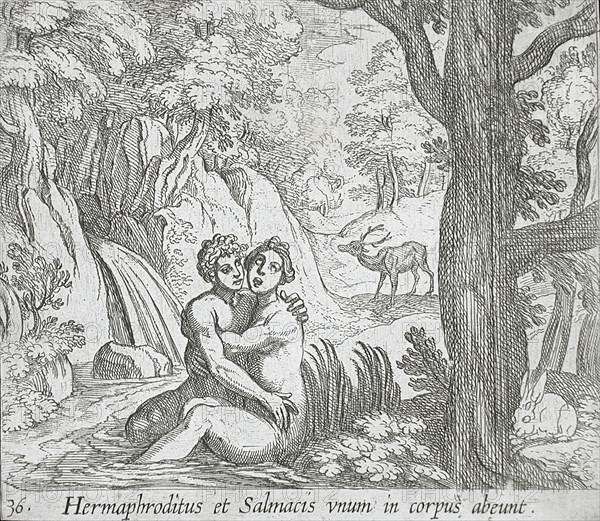 Salmacis and Hermaphroditus, published 1606. Creators: Antonio Tempesta, Wilhelm Janson.