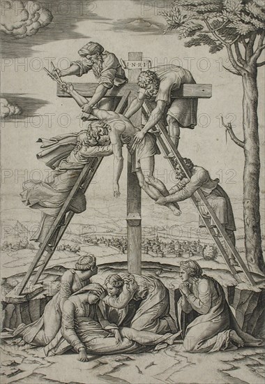 Descent from the Cross, between 1520 and 1521. Creators: Marcantonio Raimondi, Raphael.